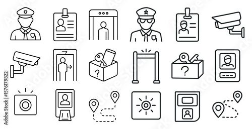 Series of icons for security and identification, including a badge, a camera, and a box