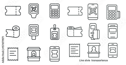 Set of icons for a line style transparencies. The icons include a ticket, a calculator, a phone, a receipt, a ticket stub, a ticket, a ticket, a ticket, a ticket, a ticket, a ticket