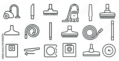 Collection of cleaning tools and accessories. The image is a collection of various cleaning tools and accessories, including a vacuum cleaner, a broom, a mop, and a dustpan
