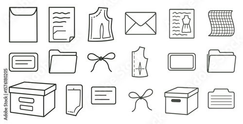 Collection of items including a box, envelope, and dress. The items are all lined up in a row
