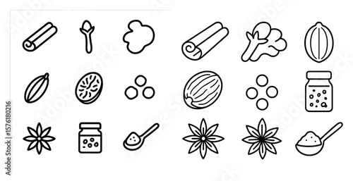 Collection of spices and herbs are shown in a white and black line drawing. The spices include cinnamon, nutmeg, and cloves
