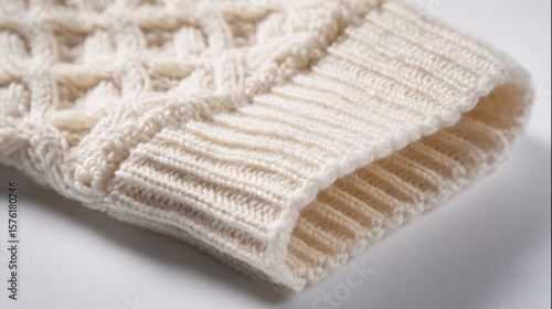 Close-up view of a cozy, cream-colored knitted sweater, showcasing intricate patterns and soft textures.