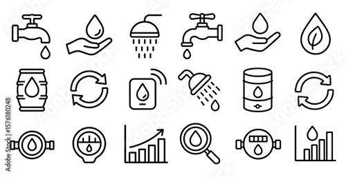 Series of icons depicting various water-related objects such as a tap, shower, and a barrel