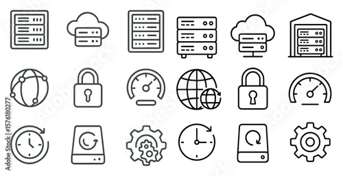 Collection of icons for servers and storage devices. The icons include a clock, a key, a lock, and a globe