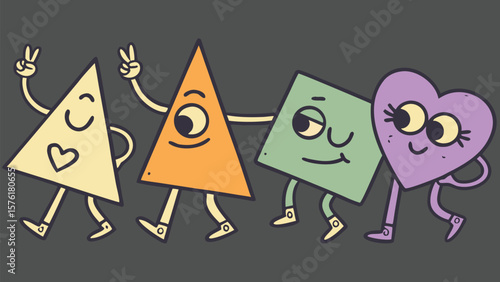 Four anthropomorphic shapes including a heart and triangles walking together happily