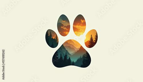 Abstract vector logo illustrating a paw print integrated with nature elements like leaves or mountains, reflecting wildlife and conservation