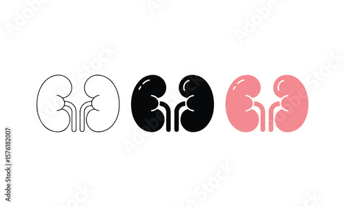 Kidney Icon Set – Medical Outline, Solid, and Pink Organ Symbol