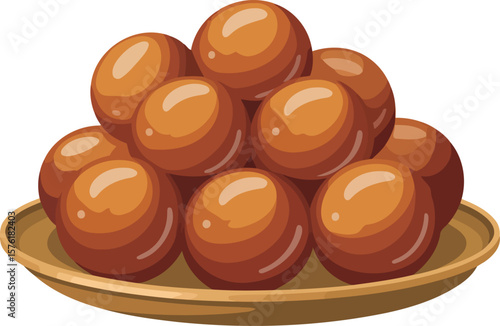 Plate of Traditional Indian Gulab Jamun Sweet Balls Vector Illustration, Transparent Background.