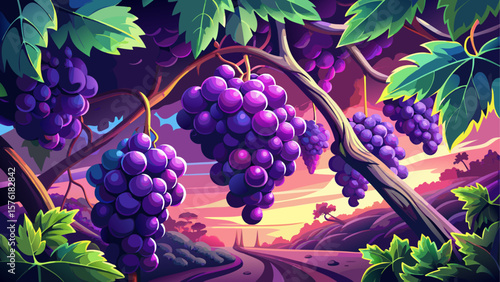 Bold and juicy, Babić grapes in Banska Cosa hang from aged vines. Deep violet tones with sunlit highlights bring a dramatic, close-up vineyard moment to life in vivid vector style.