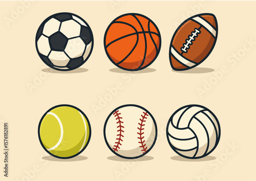 Cartoon illustration of various sports balls, including soccer, basketball, football, tennis, baseball, and volleyball.