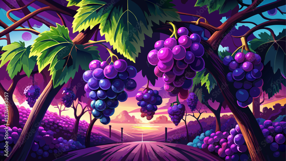 Fototapeta premium Bold and juicy, Babić grapes in Banska Cosa hang from aged vines. Deep violet tones with sunlit highlights bring a dramatic, close-up vineyard moment to life in vivid vector style.