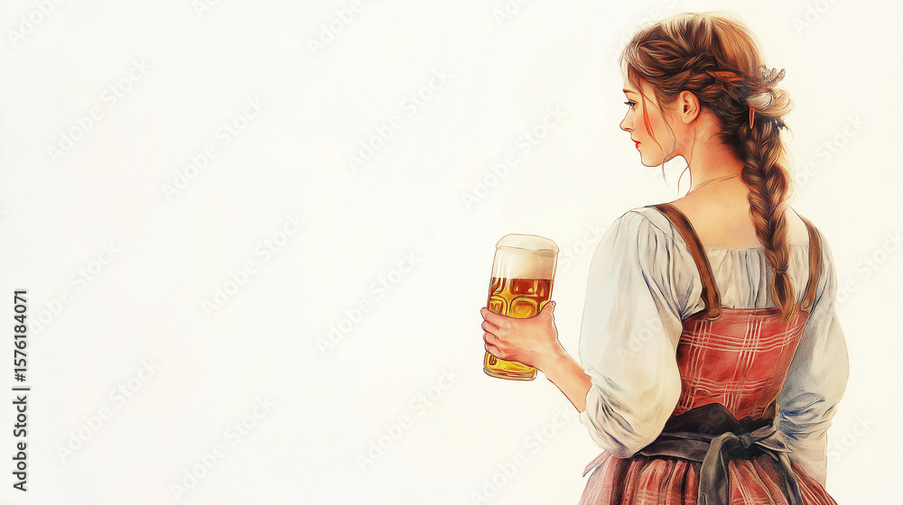 Young woman in traditional dirndl dress holding beer glass Young woman in traditional dirndl dress holding beer glass