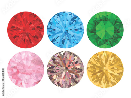 six round-cut gemstones, each rendered with intricate faceted designs and vibrant colors. Icon gemstones and diamonds round brilliant cut 