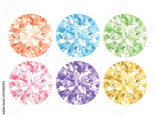 six round-cut pastel gemstones, each rendered with intricate faceted designs and vibrant colors. Icon gemstones and diamonds round brilliant cut 