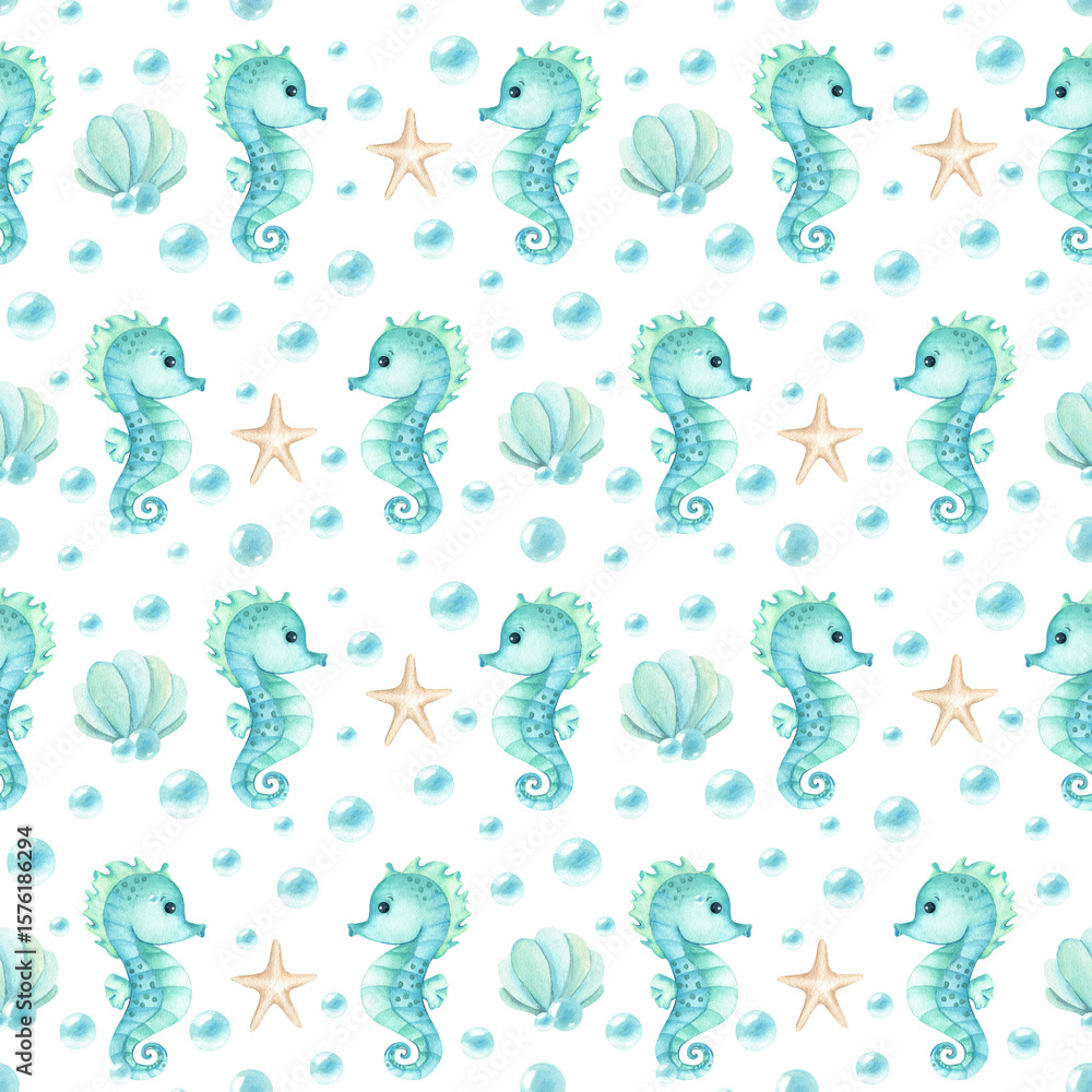 Obraz premium Seahorse watercolor children's character seamless pattern. Seashell, stars, bubbles isolated illustration. Turquoise nautical style for background. Kids design for stationary, textile, packaging