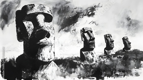 Abstract depiction of moai statues.
