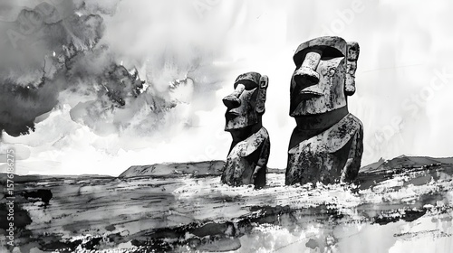 Monolithic figures standing on a coastal plain, a grayscale artistic interpretation.