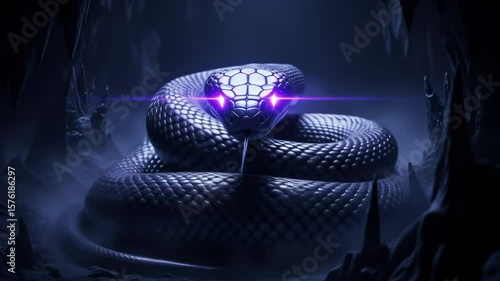 Intricately Designed Black Snake Coiling in a Dark Cave with Glowing Purple Eyes and Mysterious Atmosphere