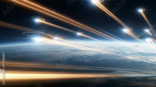 Alien spacecraft swarm Earth, leaving bright trails across the atmosphere in a dramatic space battle.