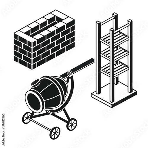 Isometric Stone Masonry and Shelving Unit with a Concrete Mixer, Providing a Visual for Construction or Artistic Design Projects