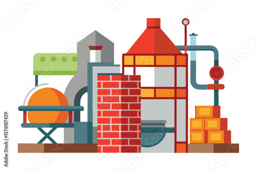 Abstract Industrial Complex with Tanks, Bricks, and Pipes Conveying a Sense of Manufacturing and Engineering Might with a Quirky, Cartoonish Style
