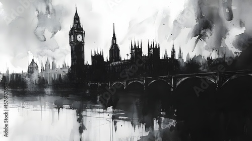 London cityscape in monochrome, ink wash style.