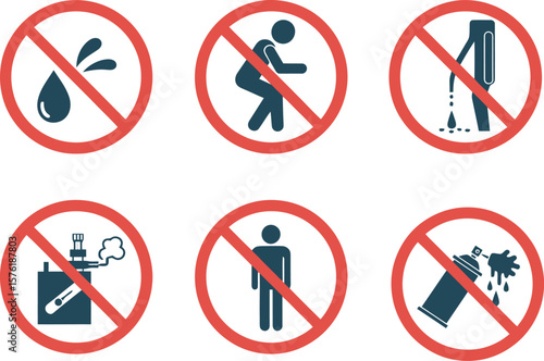 Six prohibition symbols depict actions disallowed: water splashing, sitting, urination, vaping, standing, and graffiti spraying.