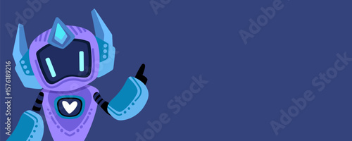 Cute artificial intelligence chat bot. Banner concept with copy space for your text, AI servers help technology background. Online communication, support assistance, cartoon digital agent. Vector illu