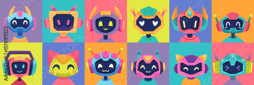 Robot Head Avatar Set. Cute AI Robot Faces. Cartoon mascot head icons, artificial intelligence characters. Vector flat style illustrations perfect for avatars, stickers, UI elements, and design