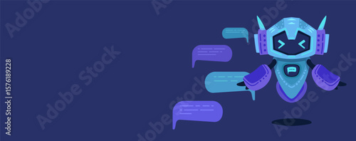 Cute artificial intelligence chat bot. Banner concept with copy space for your text, AI servers help technology background. Online communication, support assistance, cartoon digital agent. Vector illu