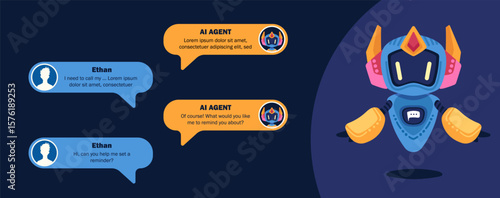 Users dialog with ai chatbot or ai agent. Characters chatting with robot, asking questions and receiving answers. AI assistant support and help. Flat cartoon vector illustration.