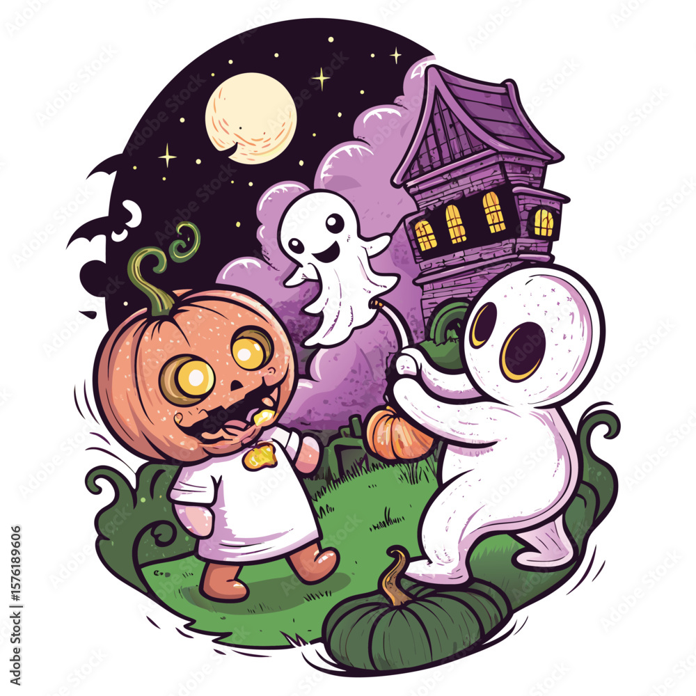 Naklejka premium Halloween Nighttime Fun Pumpkin Ghostly Playtime Spooky Mansion Backdrop