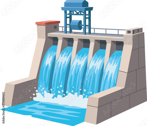 Cartoon depiction of a hydroelectric dam with cascading water flow.