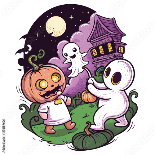 Halloween Nighttime Fun Pumpkin Ghostly Playtime Spooky Mansion Backdrop