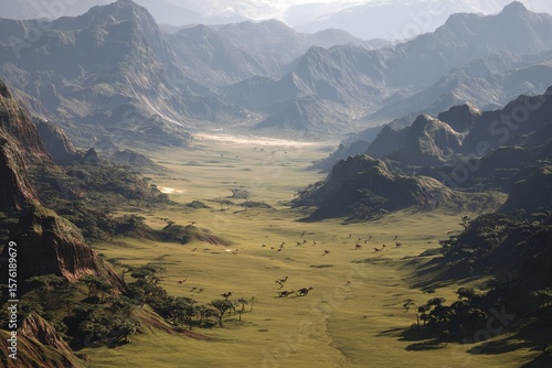 wide aerial shot of a jurassic valley surrounded by mountains with multiple dinosaur species wandering in the open plains 
