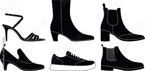 Collection of black silhouette footwear styles including heels boots and sneakers