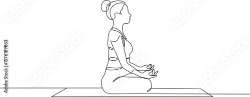 Woman Meditating in Lotus Pose with Gyan Mudra. Continuous Line Art Close Up Illustration