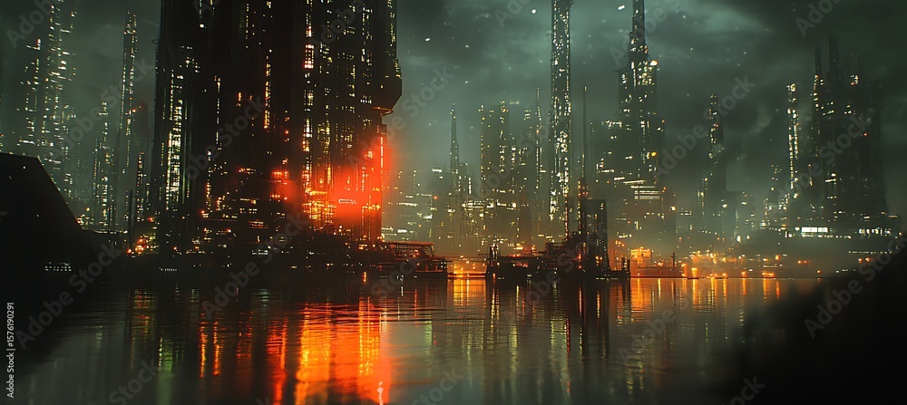Fototapeta premium Night view of a massive oil refinery glowing under industrial lights and smoke trails