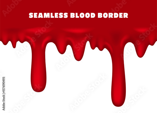 Vector Blood Drips Seamless Border. Red paint, blood or sauce dripping isolated on white background. Liquid flowing down color stains, bleeding splatter scary realistic 3d design, Halloween decor