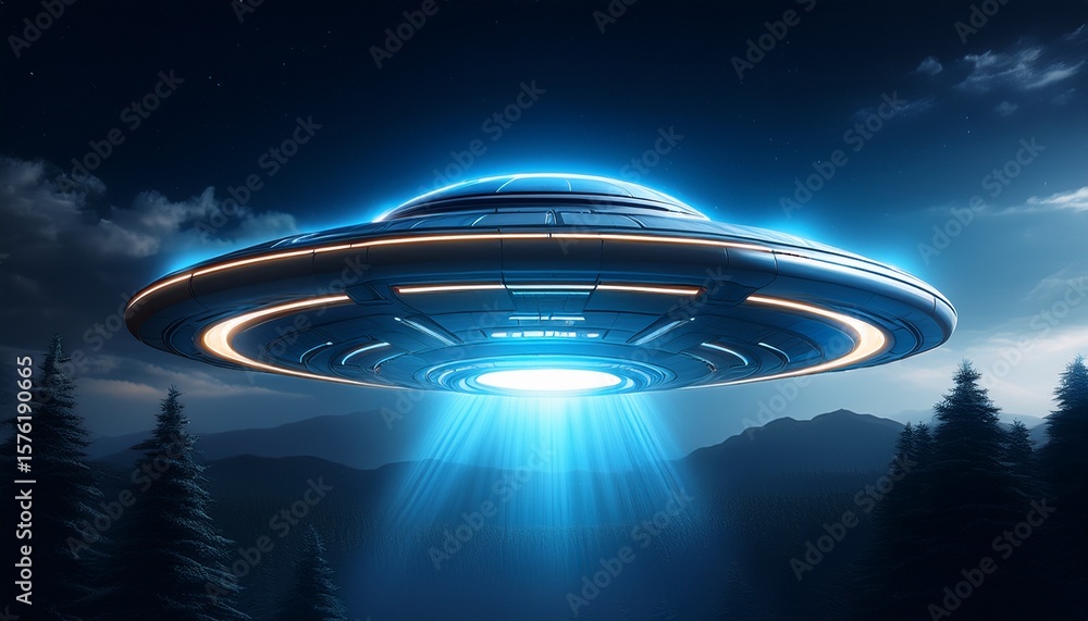 Obraz premium sleek futuristic ufo with glowing blue light in the night sky cut out
