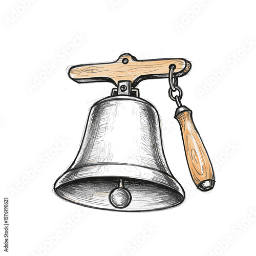 Vintage metal bell with wooden handle and clapper for signaling  