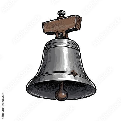 Hand-drawn metal bell with wooden mount and clapper  