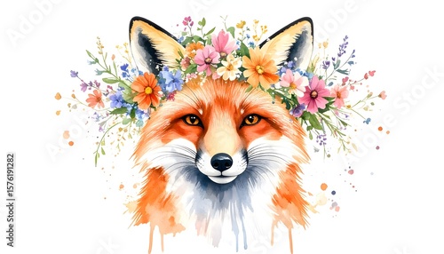 Watercolor Fox Portrait with Colorful Floral Crown and Soft Splashes