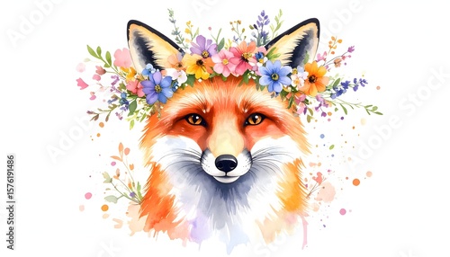 Cute Red Fox Wearing Flower Crown in Whimsical Watercolor Style