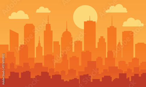 City Skyline at Sunset – Vector illustration of a city skyline silhouette during sunset in warm orange tones.