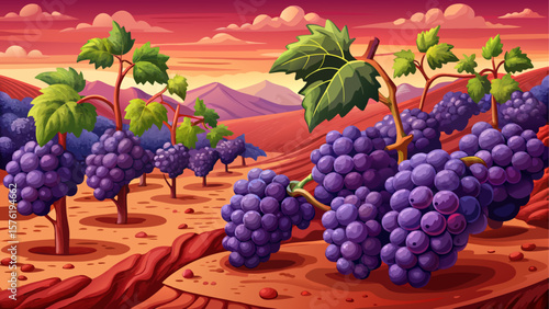 A tight bunch of Teran grapes ripens on red soil in Banska Cosa. Rich reddish-purple tones contrast with dusty vines—an ideal subject for a detailed, earthy vector composition.
