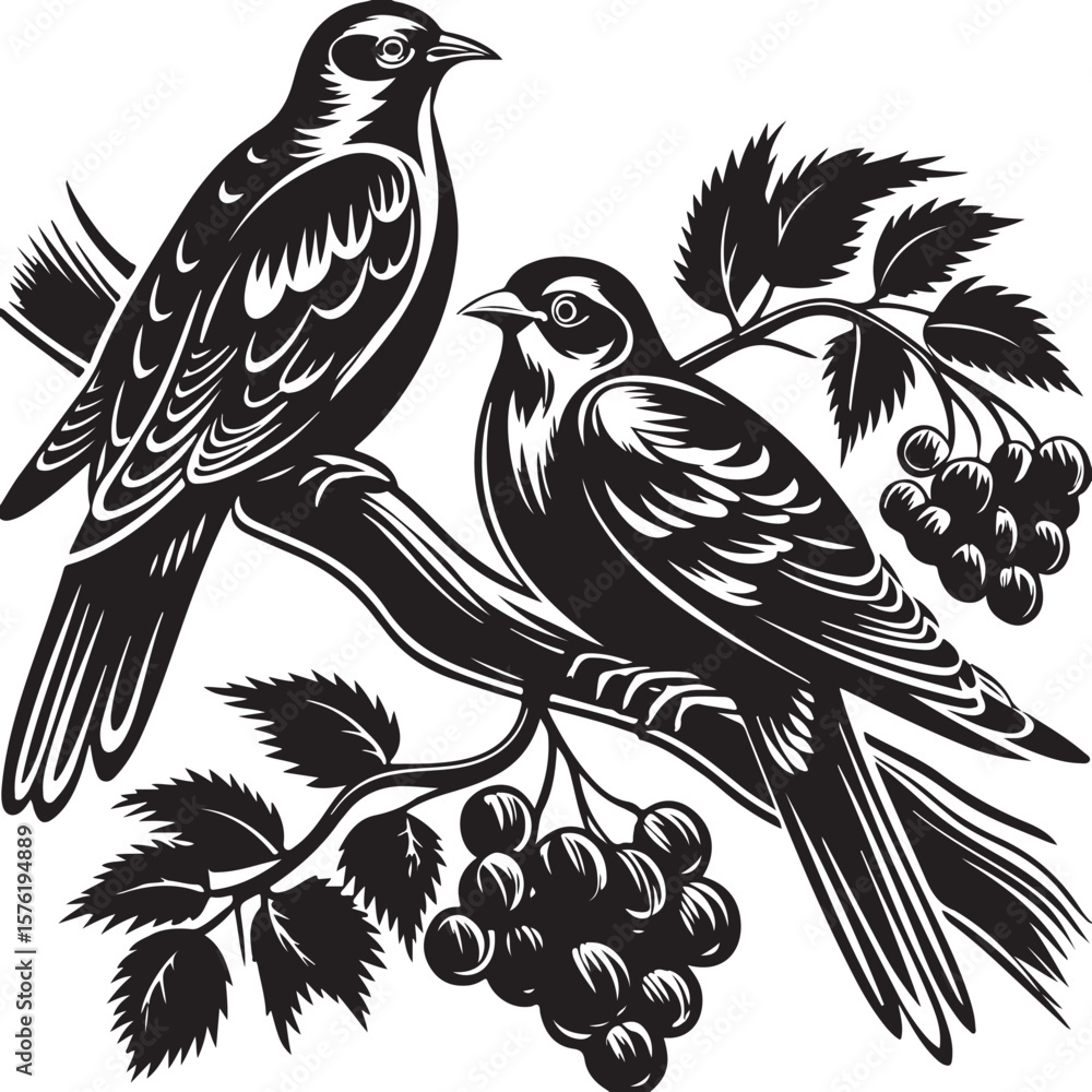 Naklejka premium Some beautiful birds are sitting on the branches of the grape tree