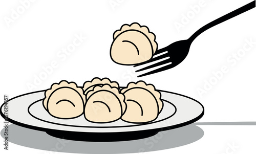 A fork is picking up a dumpling from a plate of dumplings