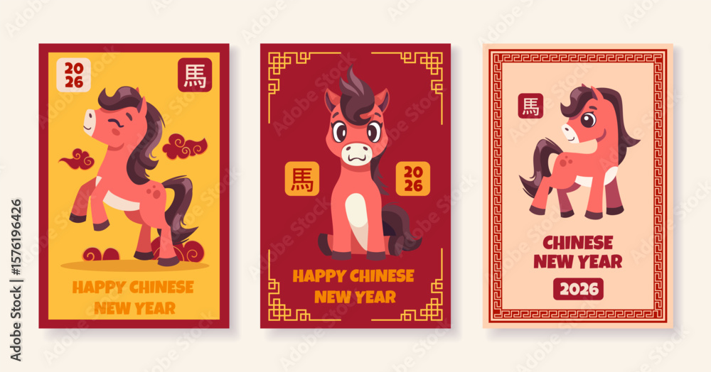 Fototapeta premium Chinese New Year of Horse 2026 Card Set. Design template for festive greeting cards, illustrations, banners, sale promotions, social media posts. Vector cartoon illustration with cheerful horses