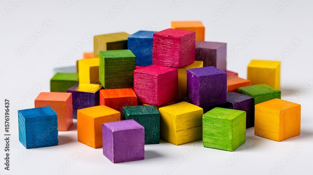 A Vibrant Assortment of Small Wooden Blocks Scattered on a White Background A Vibrant Assortment of Small Wooden Blocks Scattered on a White Background